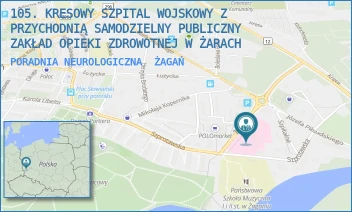 PORADNIA NEUROLOGICZNA - 105. KRESOWY SZPITAL WOJSKOWY Z PRZYCHODNIĄ SAMODZIELNY PUBLICZNY ZAKŁAD OPIEKI ZDROWOTNEJ W ŻARACH - UL. ŻELAZNA 1A,  ŻAGAŃ